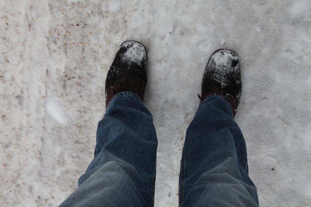 wearing dress shoes in the snow